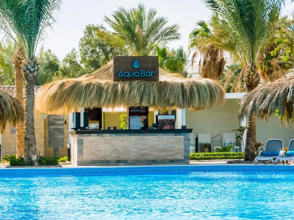 Бар Aqua Bar със сламен покрив до басейна сред палмите – Sunrise Aqua Joy Resort, Хургада